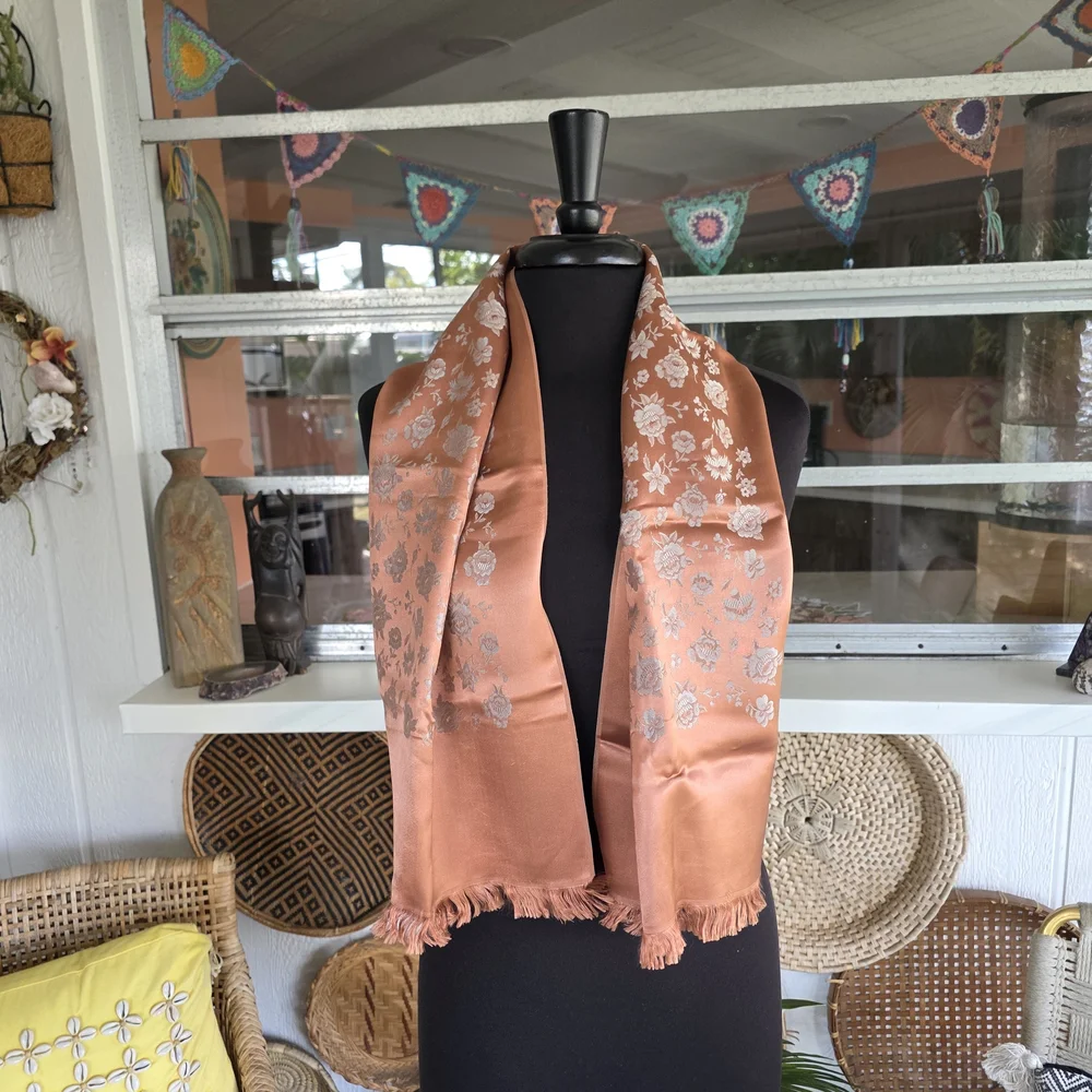 Vintage 70s Silky Woven Floral Scarf Copper Shimmer Boho Chic